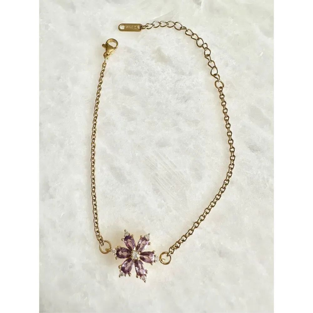 Purple Cubic zirconia flower stainless steel dainty bracelet